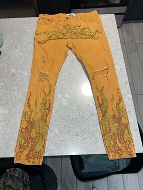 Politics Yellow Embellished Skinny Jeans with Flame Detail